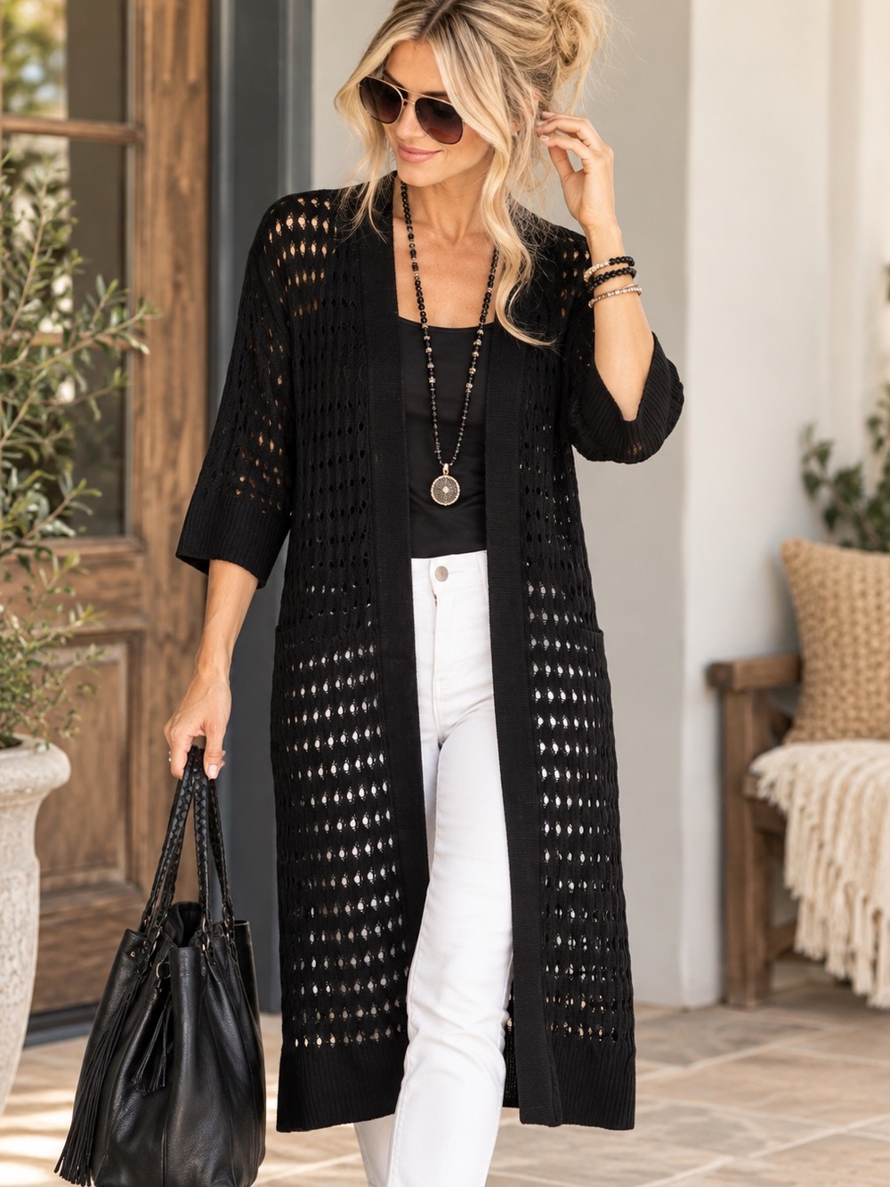 Chico's Black Textured Mesh Long
Open Front Cardigan Open Stitch Side Slits Sz O